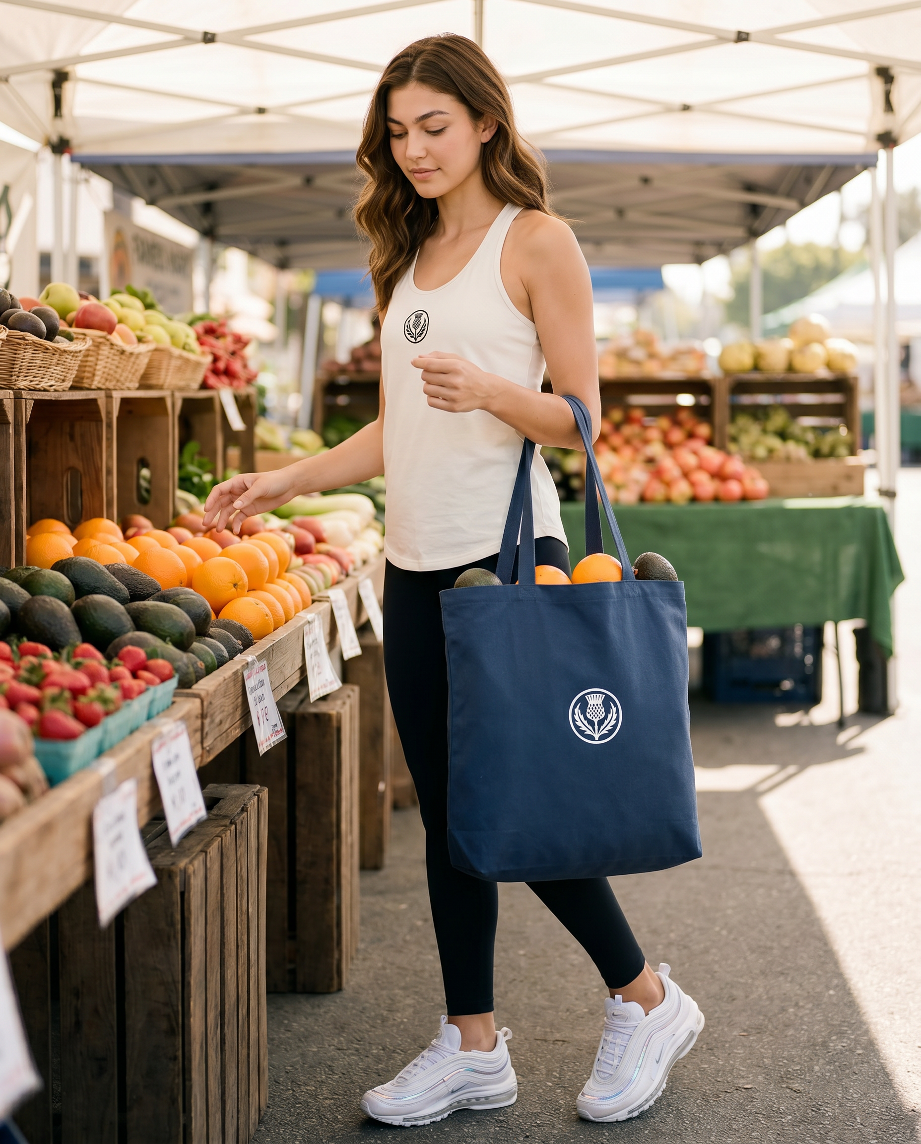 Women with ocean blue shopping tote, thistle logo 