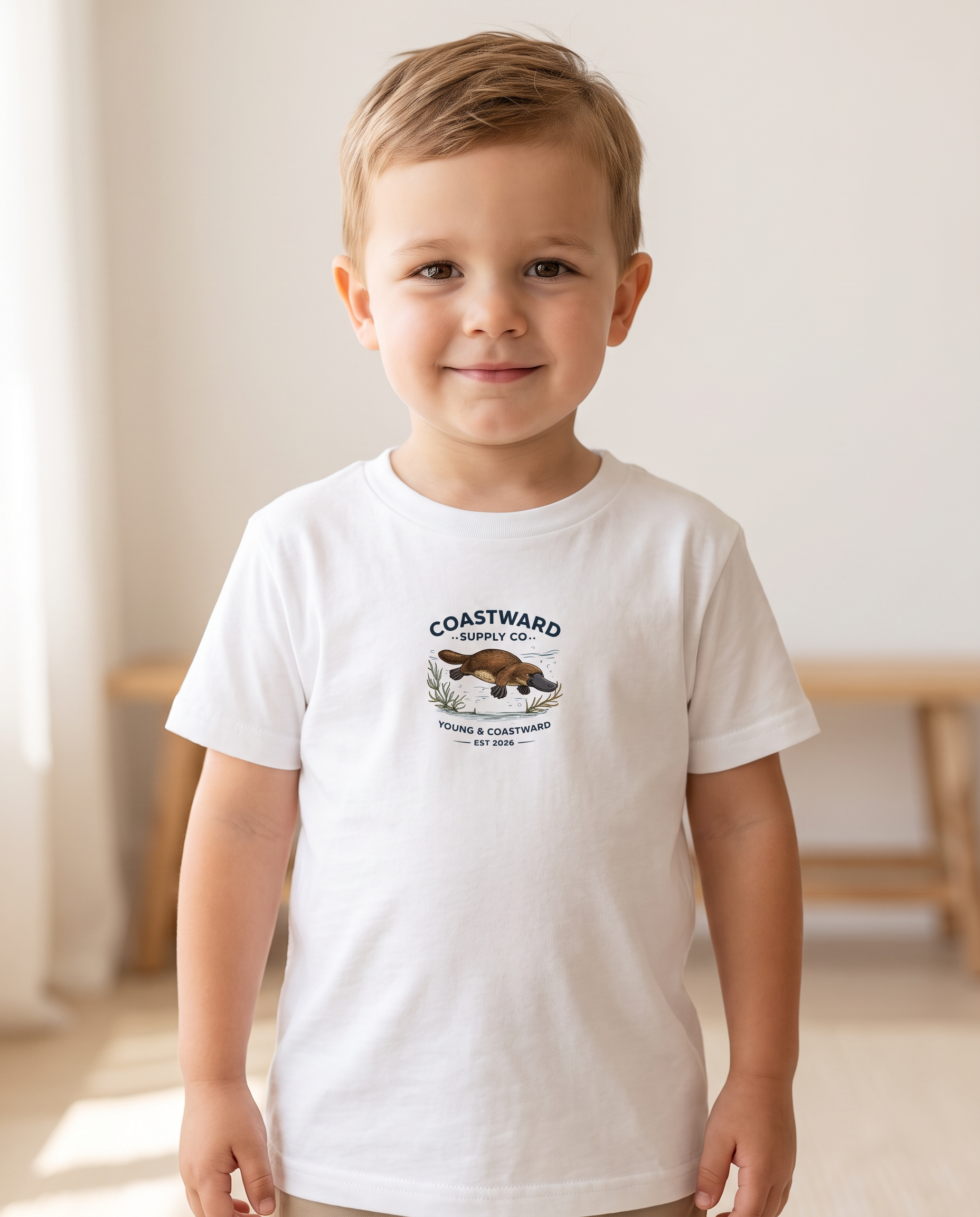 A young boy wearing a white short-sleeve t-shirt with a 'COASTWARD' graphic on the chest, standing in a brightly lit indoor room.