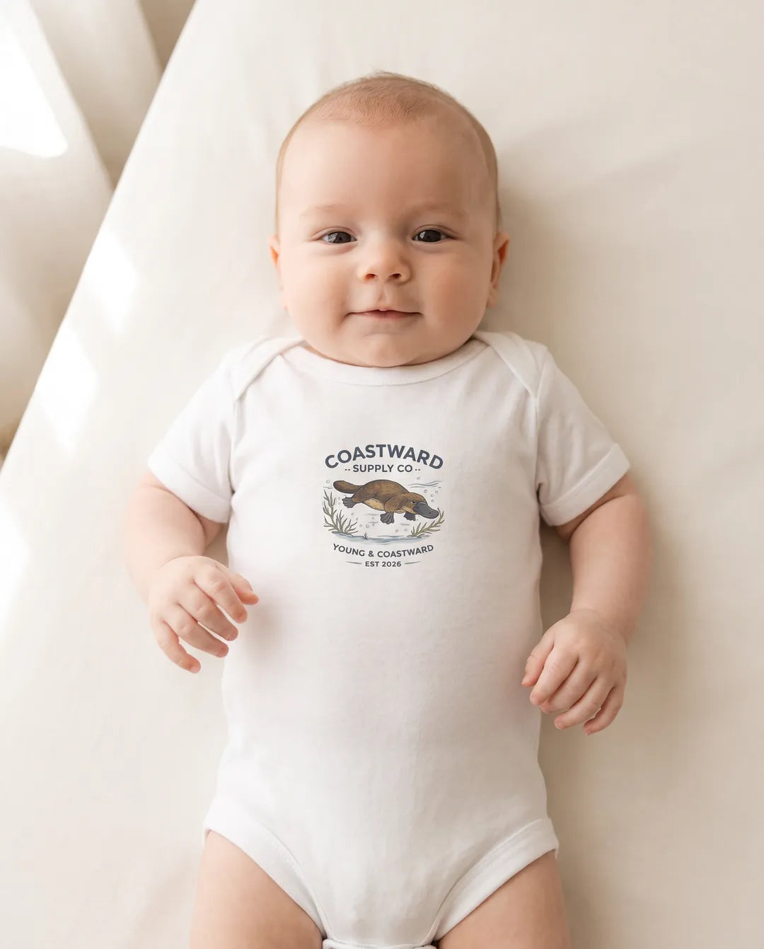 Tiny Tides Platypus White onesie